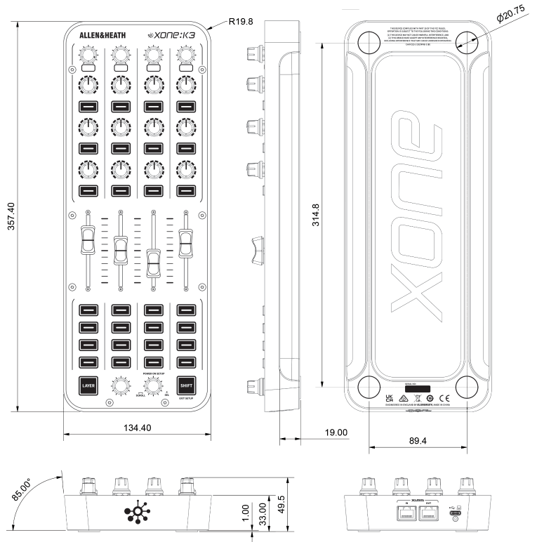 Xone K3 dimensions.png